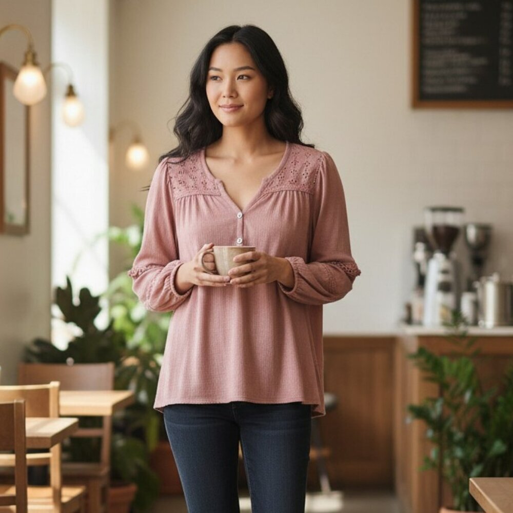 Matilda Jane Large Pink Eyelet Long Sleeve V Neck Blouse Casual Top Shirt L